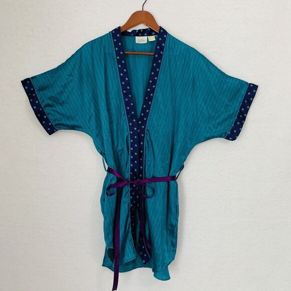 Kathryn Robe Women S Turquoise Purple Stipe Polka Dot Kimono Loungewear Fairy - Picture 10 of 11